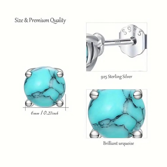 New Turquoise Stud Earrings Hypoallergenic 925 Sterling Silver - Picture 2 of 2